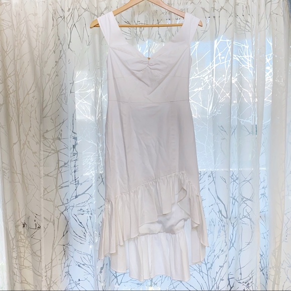 WAYF Genoa off the shoulder white linen ruffle high low hem asymmetrical dress - Picture 6 of 13